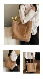 Dettaglio della borsa tote in paglia intrecciata con manici in pelle marrone e nappina