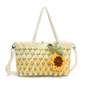 Handmade woven tulip bucket bag with 3D sunflower and pearl buckle closure