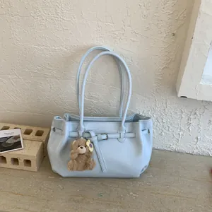 Women Minimalist Retro Soft PU Leather Tote Bag Fashion Shoulder Handbag With Belt Buckle And Plush Bear Pendant For Commuting