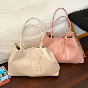 Women Large Capacity Minimalist Glossy PU Leather Tote Bag Solid Color Fashion Urban Commute Shoulder Handbag