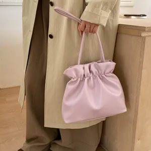 Chic lavender purple ruched cloud tote bag with minimalist shoulder straps in soft PU leather