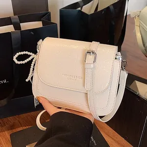 Women's Fashion Crinkled PU Leather Small Square Crossbody Bag With Artificial Pearl Lace Charm Trendy Niche Mobile Phone Shoulder Bag