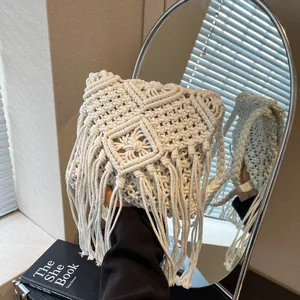 Bohemian Handwoven Macrame Tassel Crossbody Bag For Women Cotton Rope Diamond Pattern Small Square Shoulder Bag Beach Vacation Travel