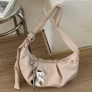 Minimalist PU Leather Croissant Bag For Women Summer Fashion Pleated Half Moon Shoulder Crossbody Bag With Pony Pendant