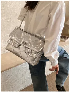 Detailed shot of silver quilted shoulder bag with chain strap and metallic lock details