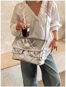 Detailed view of silver quilted chain bag featuring large capacity and urban commute style