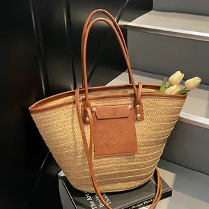 Women Straw Woven Tote Bag Large Capacity PU Leather Pocket Beach Vacation Daily Shoulder Handbag Fashion Simple Design