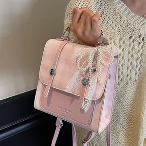 Bolso rosa a cuadros con lazo de encaje y perlas, correa ajustable para mujeres