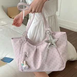Korean Style Large Capacity Polka Dot Tote Bag For Women PU Leather Shoulder Bag With Star Plush Pendant Daily Shopper Bag