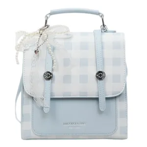 Mochila vintage de cuadros azul claro con lazo de encaje y logo plateado