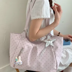 Minimalist lavender PU leather tote bag with star and bunny charms for daily commuting