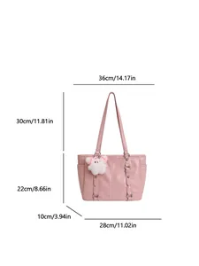 Detailed view of pink tote bag dimensions with strap height and width measurements