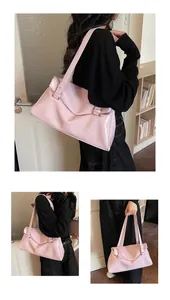 Detailed views of a spacious pale pink leather tote bag showing crossbody and shoulder wear