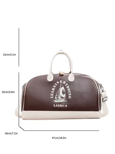 Dimensiones detalladas de una bolsa de viaje vintage con estampado de vela y correa