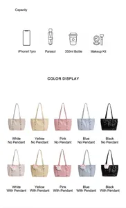 Detailed capacity chart of a large tote bag showing space for phone, umbrella and makeup