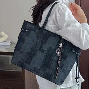 Large capacity vintage patchwork tote bag with stylish abacus pendant on shoulder strap