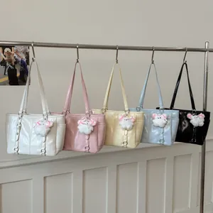 Chic large capacity tote bags in five pastel colors with cute plush bear charms