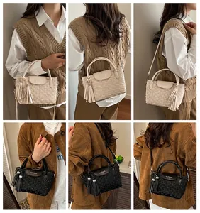 Detail shots of bucket bag with woven texture, tassel charm, and adjustable strap