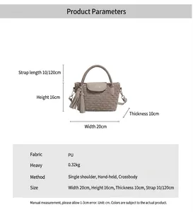 Detail view of taupe water-ripple bucket bag with PU texture and size dimensions