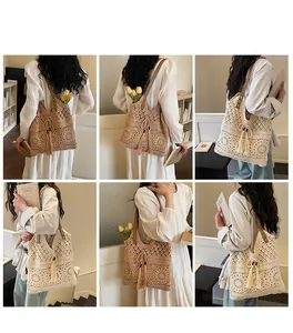 Detail of hand-woven hollow pattern and drawstring tassel on a large shoulder tote bag