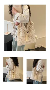 Detail of crochet tote bag with hollow floral pattern, leather straps and tassel accents