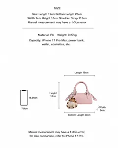 Size chart showing compact cylinder shoulder bag dimensions with phone comparison