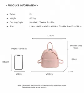 Mini pink PU leather backpack size chart with dimensions and mobile phone comparison