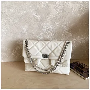 Detail of white quilted crossbody bag with glossy finish and silver chain strap