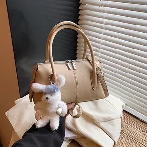 Women PU Leather Boston Bag Litchi Grain Top Handle Crossbody Shoulder Bag With Plush Rabbit Pendant Solid Color Fashion Handbag