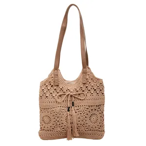 Large capacity khaki cotton crochet tote bag with flower pattern and tassel detail