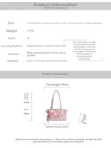 Detailed size chart for pink PU tote bag with dimensions, weight and storage capacity