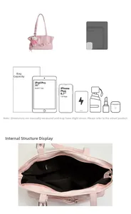 Detail view of pink tote bag interior showing large capacity for 11 inch tablet and pockets