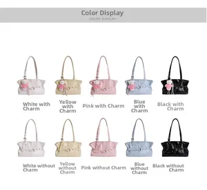 Matrix view of glossy tote bags in five colors with and without bear charms