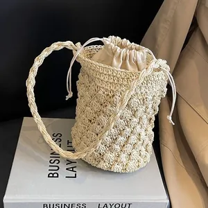 French Handwoven Straw Bucket Bag For Women Summer Beach Vacation Crossbody Shoulder Bag With Drawstring Inner Pouch