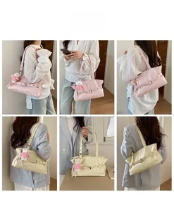 Multiple views of a pink and beige tote bag with a cute plush bear charm on a shoulder strap