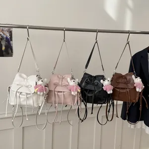 Versatile PU leather bucket backpack with bow drawstring and cute bunny charm in four colors