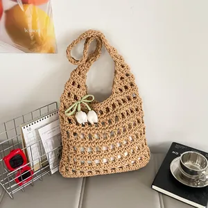 Women's Handmade Crochet Hollow Tote Bag Large Capacity Braided Cotton Rope Shoulder Bag With Tulip Pendant For Beach Vacation