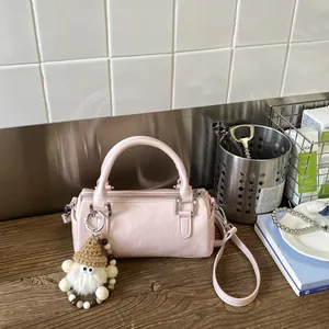 Women's Vintage PU Leather Barrel Bag Niche Design Small Boston Handbag With Plush Gnome Pendant Detachable Shoulder Strap Fashion Crossbody Bag For Daily Use