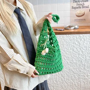Handmade green crochet hollow tote bag with tulip charm for summer beach vacation