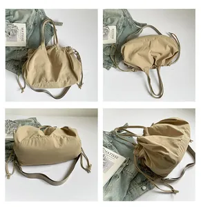 Detailed four-view layout of beige pleated nylon tote bag with drawstring and shoulder strap