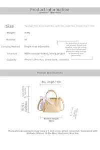 Guida alle taglie per borsa a secchiello beige con perle e panoramica delle misure