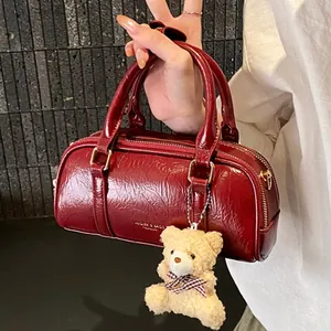Niche Women Pleated PU Leather Boston Bag Small Cylindrical Handbag With Teddy Bear Pendant Casual Shoulder Crossbody Bag