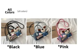Three mini Boston bags in black, blue, and pink with plush puppy charms and embroidery