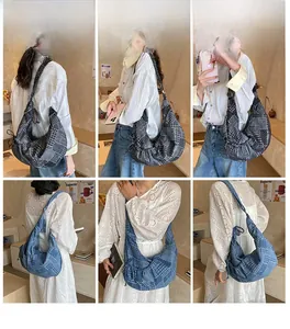 Detailed views of women's denim patchwork hobo bag showing large capacity and crescent shape