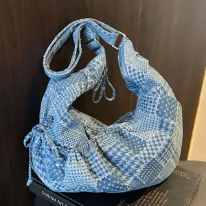 Women's Denim Patchwork Hobo Bag Large Capacity Tote Messenger Bag Casual Checkerboard Houndstooth Shoulder Bag Crossbody Bag
