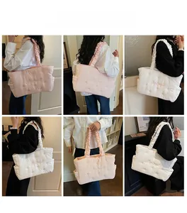 Collage of quilted nylon tote bags in pink and white with ruffled shoulder straps