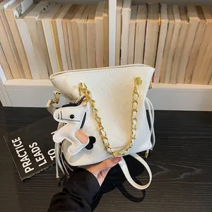 Women's Quilted Microfiber Bucket Bag Fashion Gold Chain Crossbody Shoulder Bag Simple Daily Handbag With Horse Pendant