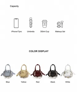 Practical collage showing small crossbody bag capacity for phone, umbrella, and five colors