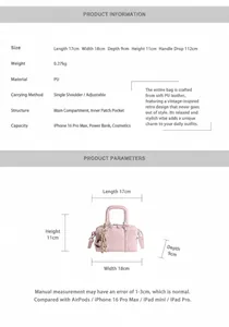 Detailed dimensions and structure of the pink PU leather pillow bag with plush charm