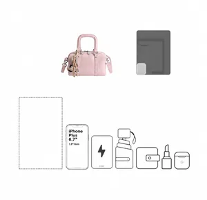 Pink Boston bag capacity guide showing space for phone, umbrella, and daily essentials